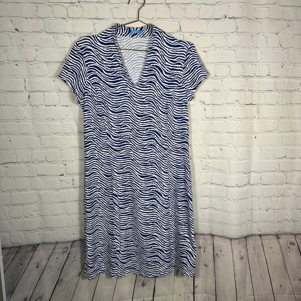 J.McLaughlin Blue White Wavy Zebra‎ Print Catalina Cloth V-Neck Shift Dress L